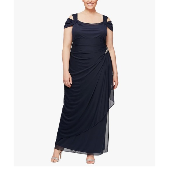 Alex Evenings Navy Blue Cold Shoulder Formal Dress - Women's Plus Size 22W NWT - Picture 1 of 14